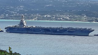 The fully-loaded USS Gerald R. Ford arrives at Souda Bay, Greece. The lead of the carrier strike group is en route to the eastern Mediterranean.
