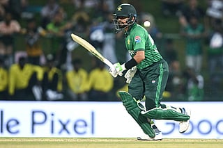 Pakistan's Babar Azam runs between the wickets after playing a shot during the 2026 ICC Men's T20 Cricket World Cup Super Eights match between England and Pakistan at the Pallekele International Cricket Stadium in Kandy on February 24, 2026.