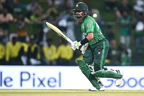 Pakistan's Babar Azam runs between the wickets after playing a shot during the 2026 ICC Men's T20 Cricket World Cup Super Eights match between England and Pakistan at the Pallekele International Cricket Stadium in Kandy on February 24, 2026.
