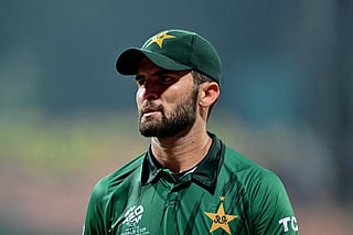 Pakistan's Shaheen Shah Afridi looks on during the 2026 ICC Men's T20 Cricket World Cup Super Eights match between England and Pakistan at the Pallekele International Cricket Stadium in Kandy on February 24, 2026.