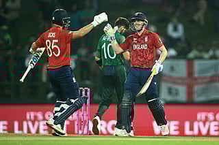 England captain Harry Brook (R) celebrates with teammate Will Jacks (L) after scoring his century (100 runs) during the 2026 ICC Men's T20 Cricket World Cup Super Eights match between England and Pakistan at the Pallekele International Cricket Stadium in Kandy on February 24, 2026.