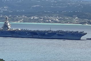 The fully-loaded USS Gerald R. Ford supercarrier arrives at Souda Bay, Greece. The lead of the carrier strike group is en route to the eastern Mediterranean.
