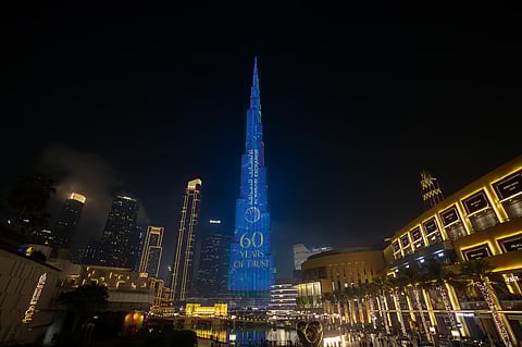 World's tallest building Burj Khalifa was illuminated with Al Ansari Exchange colours marking its 60th anniversary.