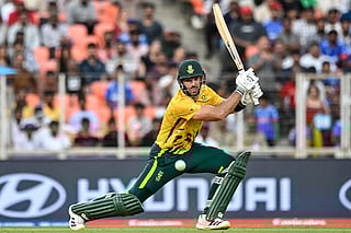 South Africa's captain Aiden Markram watches the ball after playing a shot during the 2026 ICC Men's T20 Cricket World Cup Super Eights match between West Indies and South Africa at Narendra Modi Stadium in Ahmedabad on February 26, 2026.