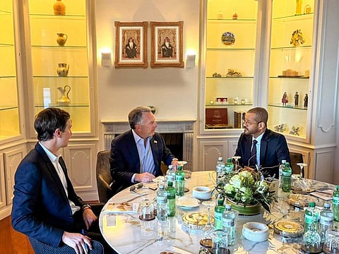 Oman's Minister of Foreign Affairs Sayyid Badr bin Hamad Al Busaidi, right, inj a meeting with White House special envoy Steve Witkoff, centre, and Jared Kushner, as part of the ongoing Iranian-American negotiations, in Geneva, Switzerland, Thursday February 26, 2026. 