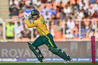 South Africa's Quinton de Kock plays a shot during the 2026 ICC Men's T20 Cricket World Cup Super Eights match between West Indies and South Africa at Narendra Modi Stadium in Ahmedabad on February 26, 2026.