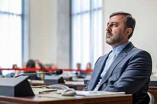 This photo taken on February 23, 2026 shows Iran's Deputy Foreign Minister Kazeem Gharibabadi waiting to address the audience during the annual high-level debate of the United Nations Conference on Disarmament in Geneva.