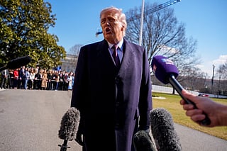 President Donald Trump speaks to members of the media before he departed on Marine One on the South Lawn of the White House on February 27, 2026 in Washington, DC.  