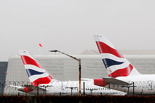 The tail fins of British Airways planes are pictured at Heathrow Airport in west London on February 27, 2026.