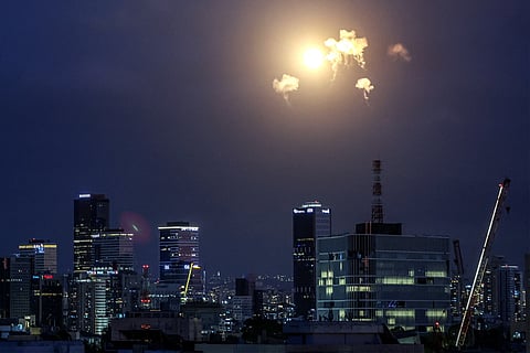Explosions from projectile interceptions by Israel's Iron Dome missile defence system are pictured over Tel Aviv on February 28, 2026.