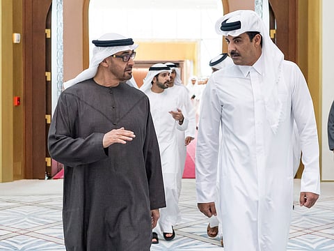 File photo: Sheikh Mohamed bin Zayed Al Nahyan and Sheikh Tamim bin Hamad Al Thani.
