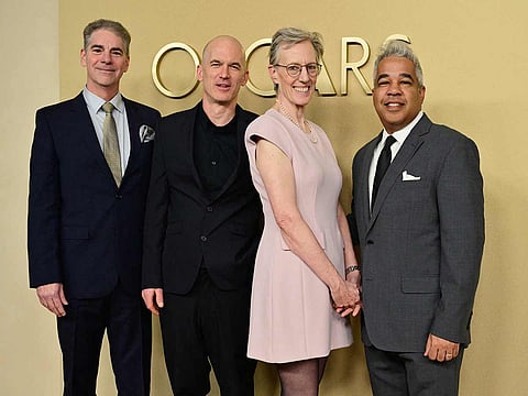 From left: Films sound engineers Al Nelson, Gareth John, Gwendolyn Yates Whittle and Juan Peralta attend the 98th Oscars Nominees Luncheon at the Beverly Hilton hotel in Beverly Hills, California on February 10, 2026.