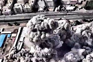 A video grab image taken from footage released by the Israeli military on March 1, 2026, shows what it says are large-scale strikes on "the headquarters of the Iranian terror regime" in Tehran on March 1.