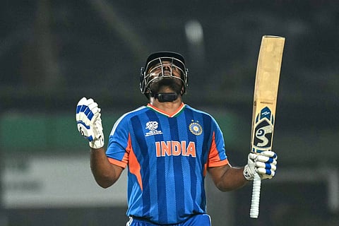 India's Sanju Samson celebrates after scoring a half-century (50 runs) during the 2026 ICC Men's T20 Cricket World Cup Super Eights match between India and West Indies at the Eden Gardens in Kolkata on March 1, 2026.