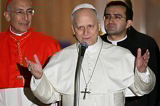 Pope Leo XIV delivers a speech after celebrating a mass and he prepares to leave at the end of a pastoral visit to the parish of the "Ascension of Our Lord Jesus Christ" in Rome on March 1, 2026.