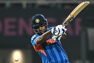 India's Sanju Samson plays a shot during the 2026 ICC Men's T20 Cricket World Cup Super Eights match between India and West Indies at the Eden Gardens in Kolkata on March 1, 2026.