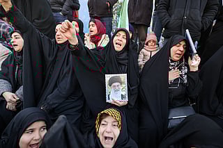 People mourn the death of Iran’s supreme leader Ayatollah Ali Khamenei, who was killed in joint US and Israeli strikes, at a square in Tehran on March 1, 2026.