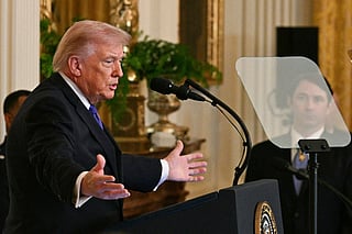 US President Donald Trump speaks during a Medal of Honor ceremony in the East Room of the White House on March 2, 2026, in Washington, DC.