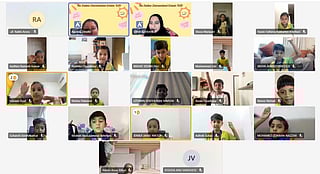 KG students of The Indian High School Dubai's Al Garhoud campus attend online lessons on Monday. 