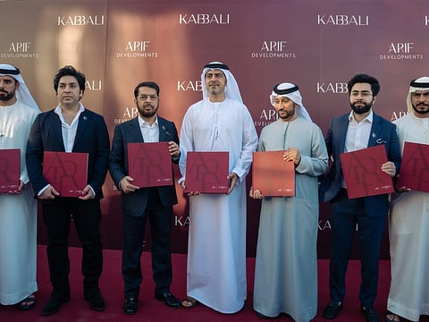 Sheikh Sultan Saqer Rashid Humaid Al Nuaimi (centre), with Humaid Mohamed Ibrahim, Adil Arif, Arif Abdul Latif, Salem Alhamed Al Hashimi, Abdullah Arif, and Omar Al Marzooqi at the launch
