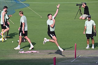 New Zealand's Jacob Duffy (C) attends a training session on the eve of their 2026 ICC Men's T20 Cricket World Cup semi final match aginst South Africa at the Eden Gardens in Kolkata on March 3, 2026.