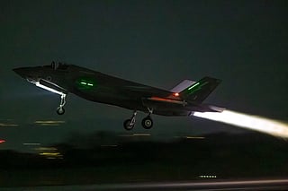 A handout photo taken on March 1, 2026 at the Royal Air Force (RAF) base in Akrotiri in Cyrpus and released by the British Ministry of Defence (MOD) on March 3, 2026 shows F-35B Lightning II Joint Strike Fighters from Britain's Royal Air Force (RAF) taking off for operations across the Middle East.