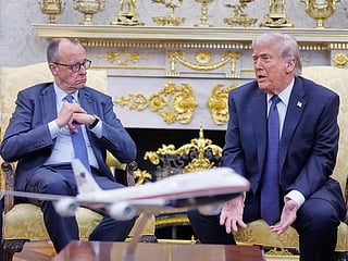 President Donald Trump meets with German Chancellor Friedrich Merz in the Oval Office at the White House, Tuesday, March 3, 2026, in Washington. 