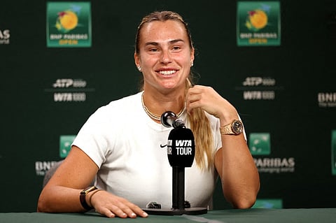 Aryna Sabalenka fields questions on media day during the BNP Paribas Open at the Indian Wells Tennis Garden on March 03, 2026 in Indian Wells, California.