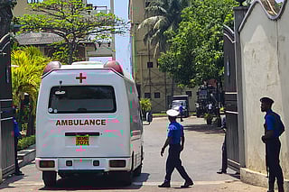 An ambulance enters Sri Lanka's southern naval head quarters in Galle on March 4, 2026, to pick up Iranian sailors rescued from Iranian frigate Iris Dena that was sunk off their island earlier in the day.