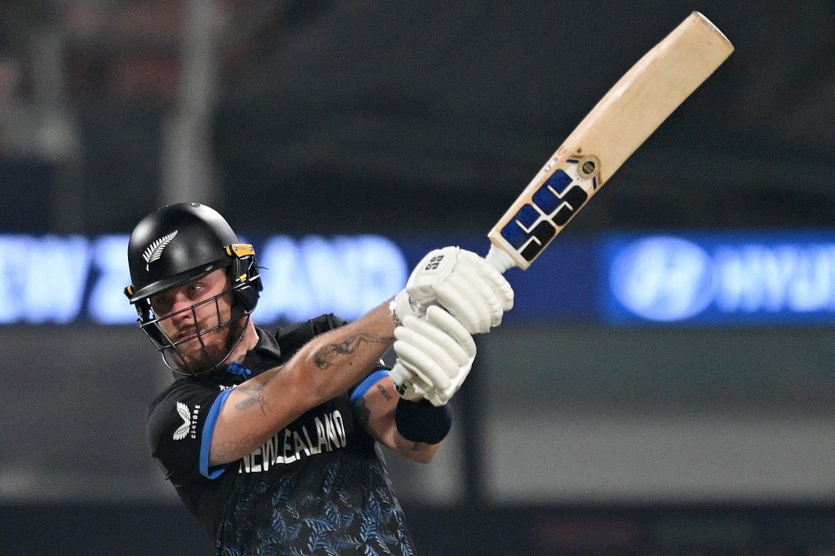 New Zealand's Finn Allen plays a shot during the 2026 ICC Men's T20 Cricket World Cup semi-final match between New Zealand and South Africa at the Eden Gardens in Kolkata on March 4, 2026.