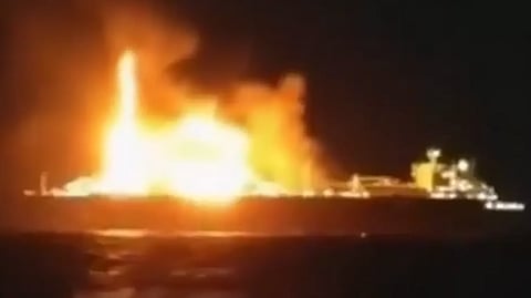 A screengrab from an unverified footage allegedly showing the gas tanker blaze  shared by an adviser to Ukraine's defence minister.