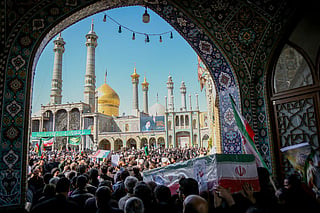 In this picture obtained from Iran's ISNA news agency on March 5, 2026, mourners in the city of Qom attend the funeral of those killed in the US-Israeli war with Iran.