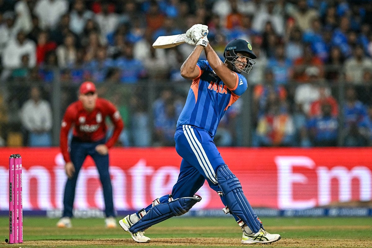 India's Shivam Dube plays a shot during the 2026 ICC Men's T20 Cricket World Cup semi-final match between India and England at the Wankhede Stadium in Mumbai on March 5, 2026.