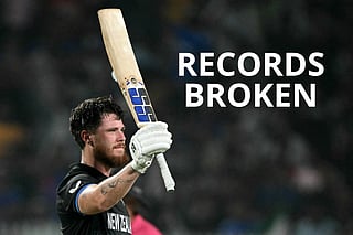 New Zealand's Finn Allen celebrates after scoring a century (100 runs) in the end of the 2026 ICC Men's T20 Cricket World Cup semi-final match between New Zealand and South Africa at the Eden Gardens in Kolkata on March 4, 2026.