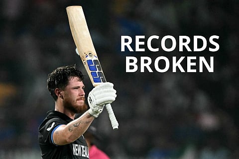 New Zealand's Finn Allen celebrates after scoring a century (100 runs) in the end of the 2026 ICC Men's T20 Cricket World Cup semi-final match between New Zealand and South Africa at the Eden Gardens in Kolkata on March 4, 2026.
