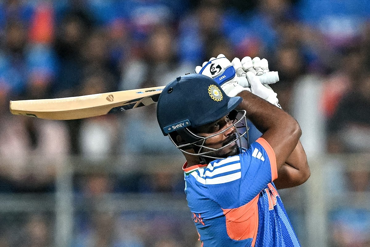 India's Sanju Samson watches the ball after playing a shot during the 2026 ICC Men's T20 Cricket World Cup semi-final match between India and England at the Wankhede Stadium in Mumbai on March 5, 2026.