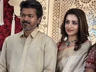 Vijay and Trisha Krishnan attended the wedding reception of Kalpathi Suresh and Meenakshi Suresh's son.