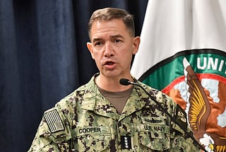 Admiral Charles Bradford "Brad" Cooper II, Commander of US Central Command speaks during a press conference at MacDill Air Force Base in Tampa, Florida. File photo taken on March 5, 2026.