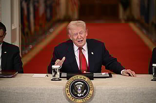 US President Donald Trump speaks during a roundtable to "save college sports" in the East Room of the White House in Washington, DC, on March 6, 2026.