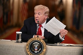 US President Donald Trump speaks during a roundtable to "save college sports" in the East Room of the White House in Washington, DC, on March 6, 2026.