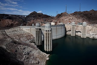 A view of water intake towers at the Hoover Dam in Lake Mead National Recreation Area, Arizona. Hydropower continues to provide reliable electricity in the US, though output can vary widely depending on rainfall and snowpack. File photo taken on August 19, 2022.
