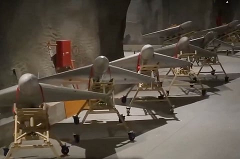 A bunker full of Shahed-136 drones shown in an IRGC propaganda video. These one-way drones, known as "AK-47s of the sky" are low-cost platforms designed for "swarm" attacks and mass produced by Iran.