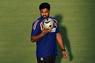 India's Sanju Samson attends a practice session at the Narendra Modi Stadium in Ahmedabad on March 7, 2026 on the eve of the 2026 ICC Men's T20 Cricket World Cup final match against New Zealand.