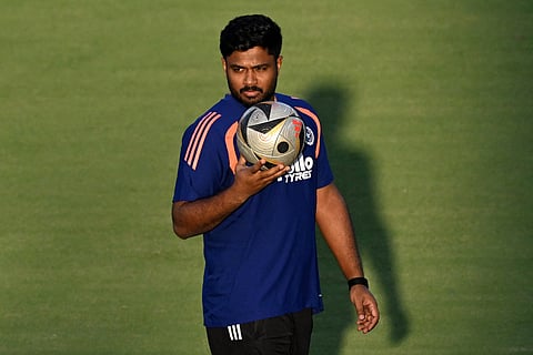 India's Sanju Samson attends a practice session at the Narendra Modi Stadium in Ahmedabad on March 7, 2026 on the eve of the 2026 ICC Men's T20 Cricket World Cup final match against New Zealand.
