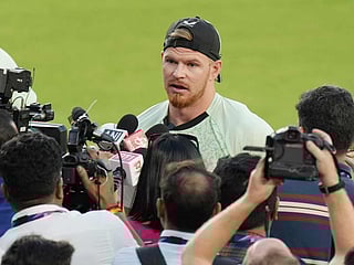 New Zealand's Glenn Phillips talks with media before a training session ahead of the T20 World Cup cricket final match against India in Ahmedabad, India, on Friday, March 6, 2026. 