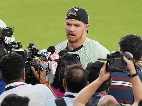 New Zealand's Glenn Phillips talks with media before a training session ahead of the T20 World Cup cricket final match against India in Ahmedabad, India, on Friday, March 6, 2026. 