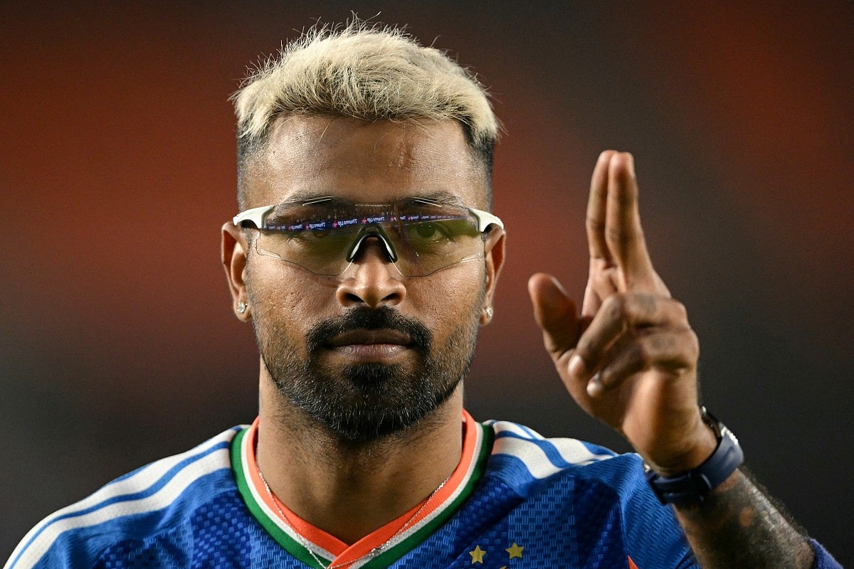 India's Hardik Pandya gestures during the 2026 ICC Men's T20 Cricket World Cup final match between India and New Zealand at the Narendra Modi Stadium in Ahmedabad on March 8, 2026.