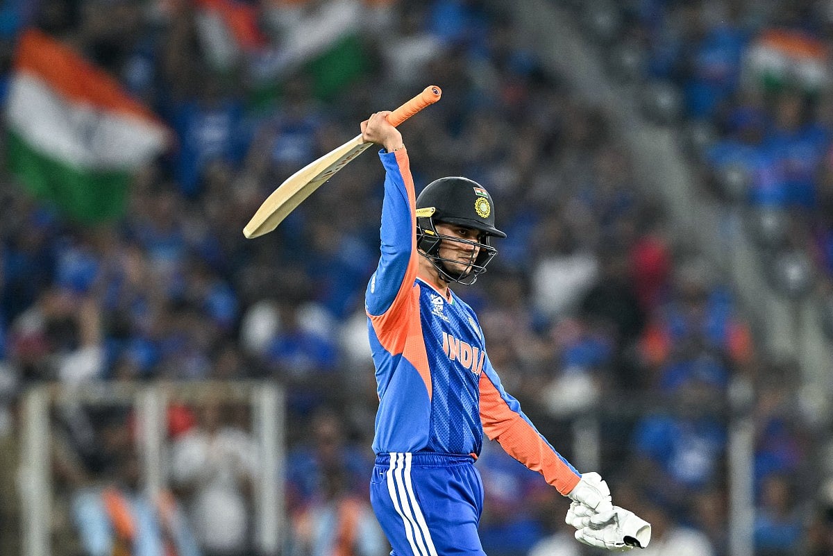 India's Abhishek Sharma celebrates after scoring a half-century (50 runs) during the 2026 ICC Men's T20 Cricket World Cup final match between India and New Zealand at the Narendra Modi Stadium in Ahmedabad on March 8, 2026.