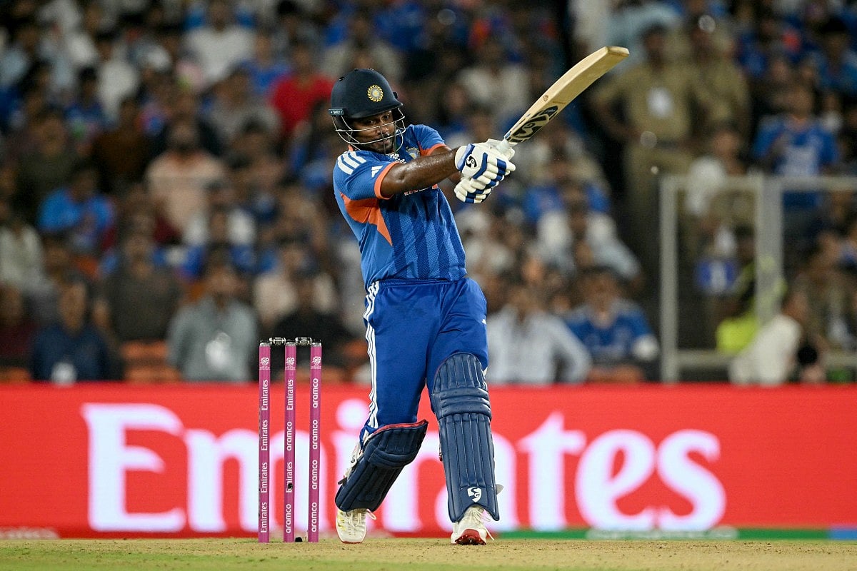 India's Sanju Samson plays a shot during the 2026 ICC Men's T20 Cricket World Cup final match between India and New Zealand at the Narendra Modi Stadium in Ahmedabad on March 8, 2026.