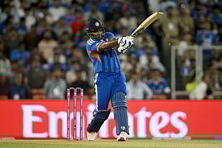 India's Sanju Samson plays a shot during the 2026 ICC Men's T20 Cricket World Cup final match between India and New Zealand at the Narendra Modi Stadium in Ahmedabad on March 8, 2026.